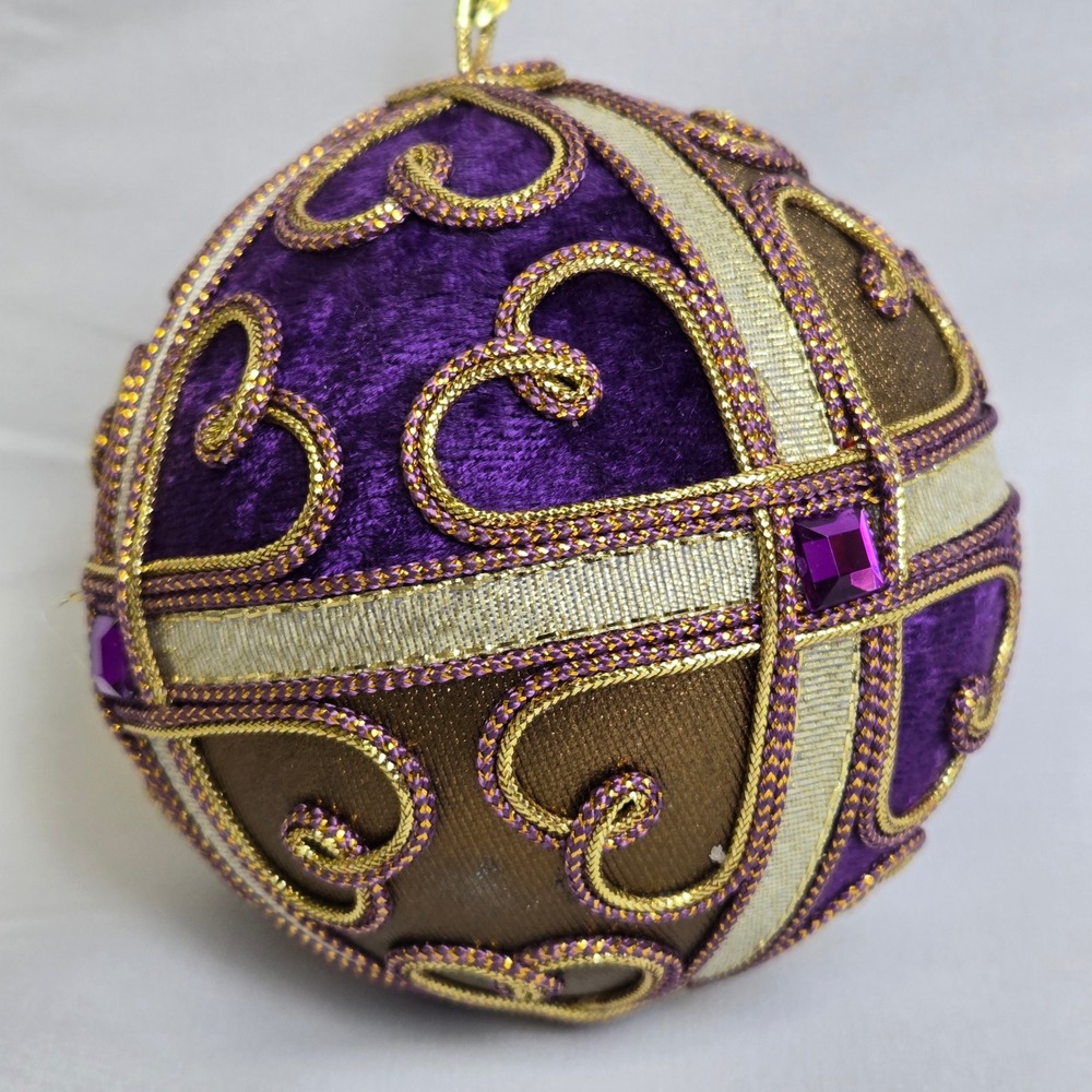 Christmas Bauble Ornament, Velvet Rope Rhinestones, Purple Gold, Philippines, 4"
